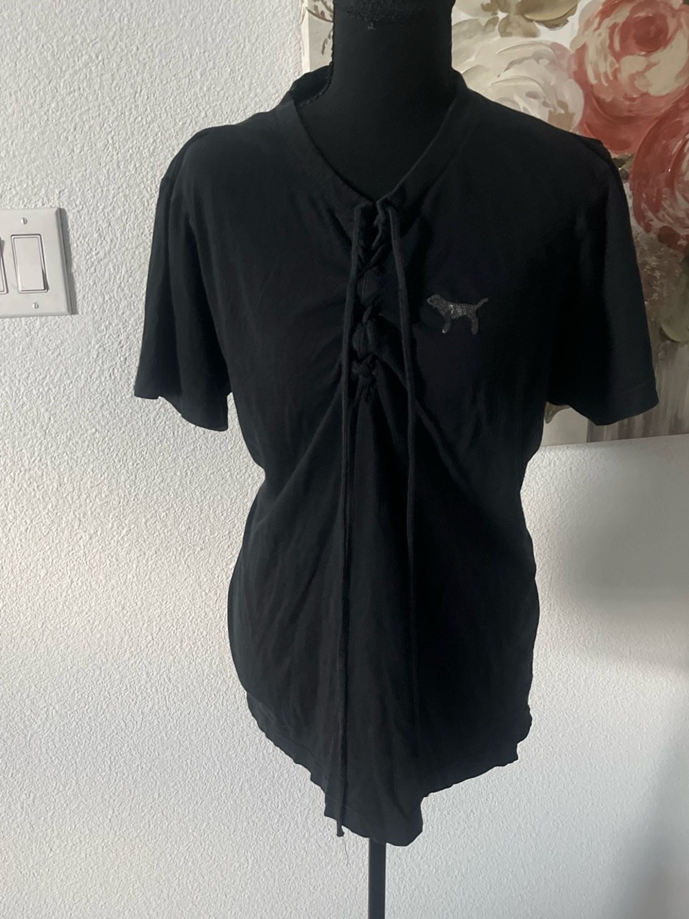 VS Pink Black Lace-Up Short Sleeve Shirt